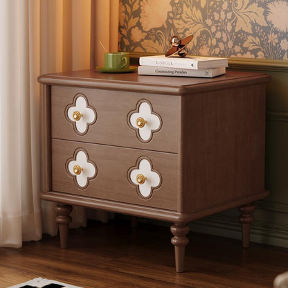 Traditional French Rubberwood & Metal Clover-Shaped Square Nightstand 2-Drawer For Bedroom