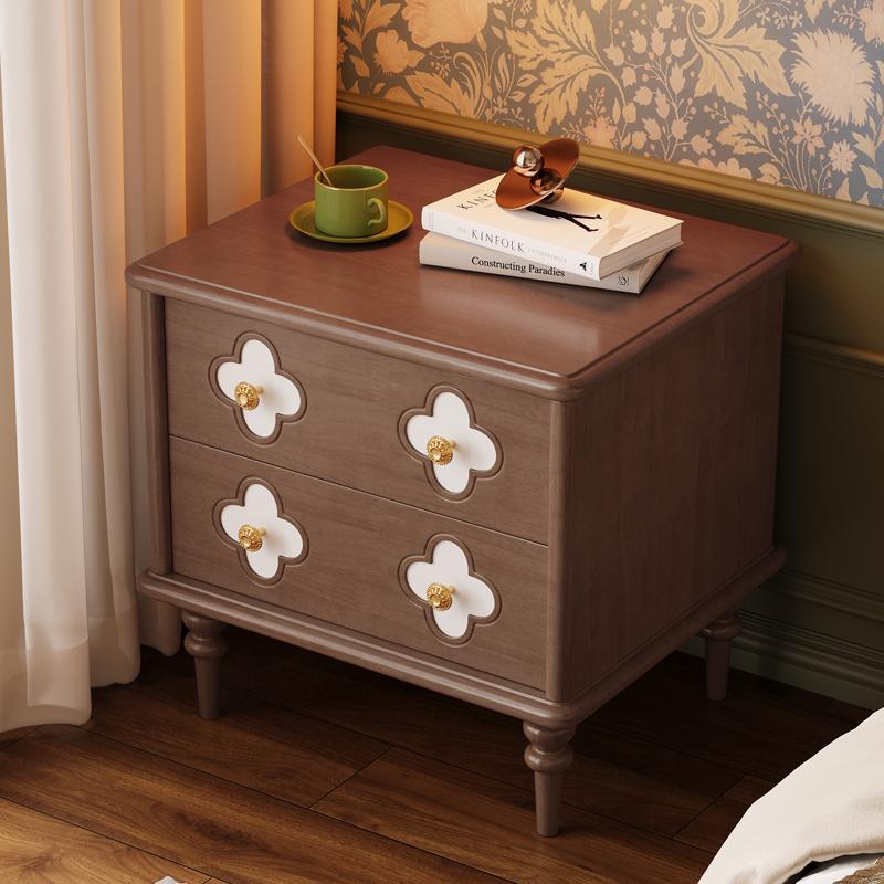 Traditional French Rubberwood & Metal Clover-Shaped Square Nightstand 2-Drawer For Bedroom