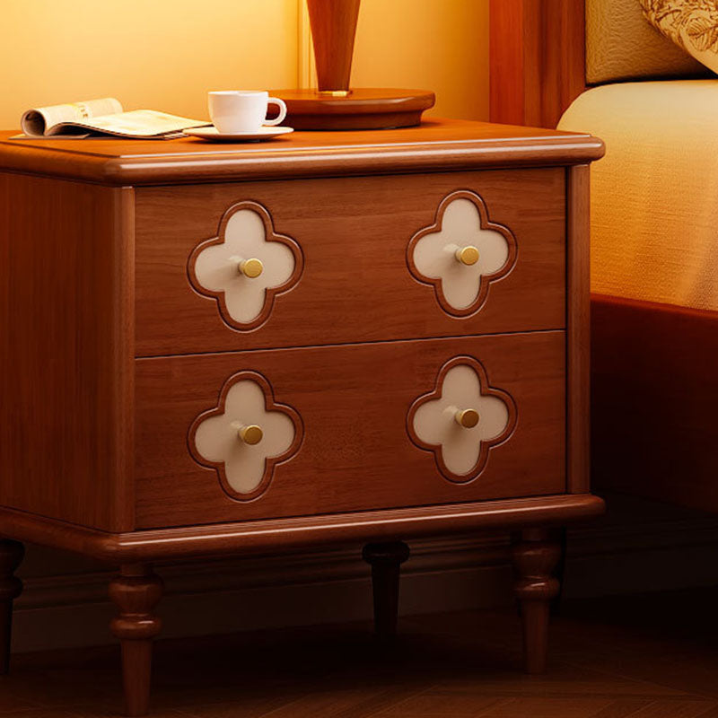 Traditional French Rubberwood & Metal Clover-Shaped Square Nightstand 2-Drawer For Bedroom