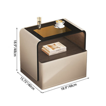 Contemporary Creative Solid Wood Multilayer Board Saddle Leather Tempered Glass Rounded Square Nightstand 1 Drawer For Bedroom