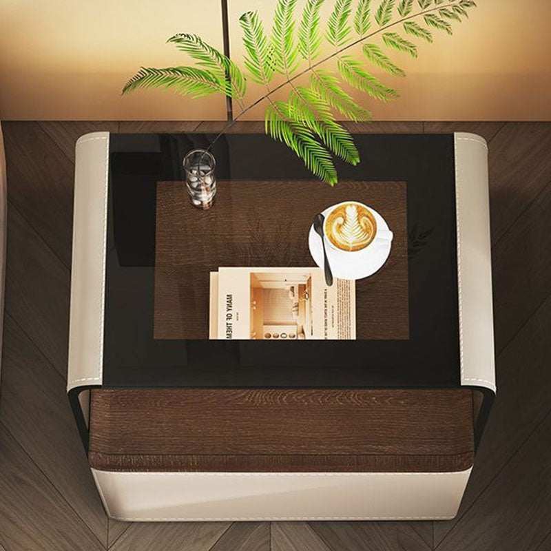 Contemporary Creative Solid Wood Multilayer Board Saddle Leather Tempered Glass Rounded Square Nightstand 1 Drawer For Bedroom