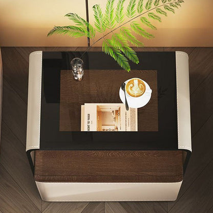 Contemporary Creative Solid Wood Multilayer Board Saddle Leather Tempered Glass Rounded Square Nightstand 1 Drawer For Bedroom