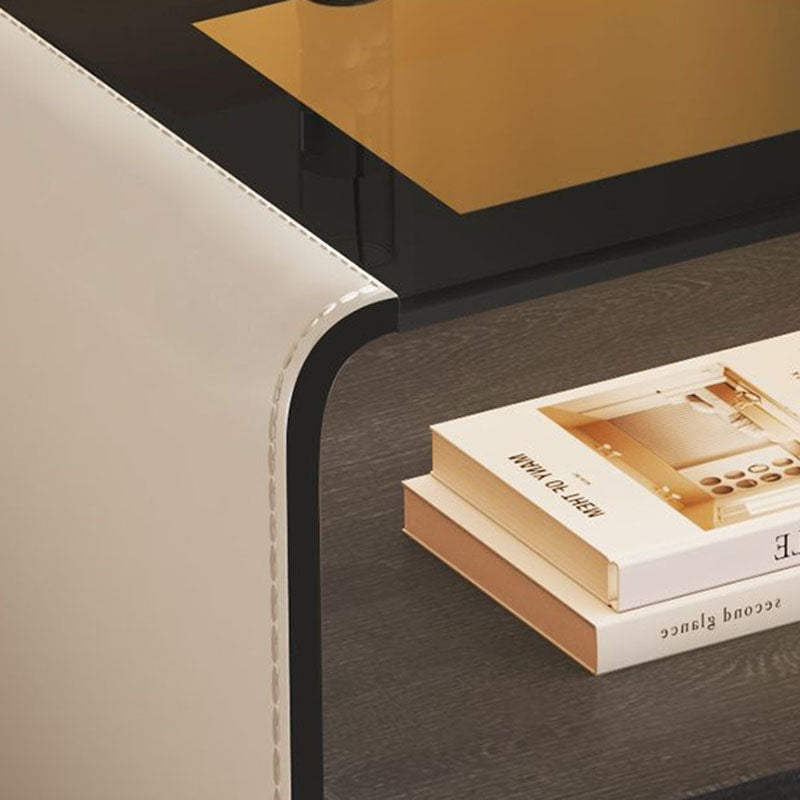 Contemporary Creative Solid Wood Multilayer Board Saddle Leather Tempered Glass Rounded Square Nightstand 1 Drawer For Bedroom
