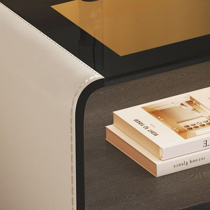 Contemporary Creative Solid Wood Multilayer Board Saddle Leather Tempered Glass Rounded Square Nightstand 1 Drawer For Bedroom