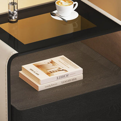 Contemporary Creative Solid Wood Multilayer Board Saddle Leather Tempered Glass Rounded Square Nightstand 1 Drawer For Bedroom