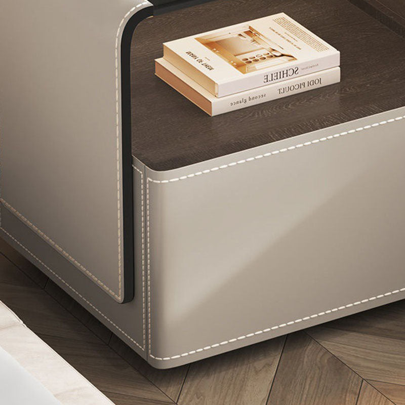 Contemporary Creative Solid Wood Multilayer Board Saddle Leather Tempered Glass Rounded Square Nightstand 1 Drawer For Bedroom
