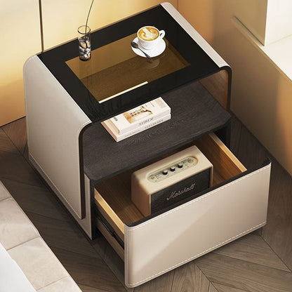 Contemporary Creative Solid Wood Multilayer Board Saddle Leather Tempered Glass Rounded Square Nightstand 1 Drawer For Bedroom