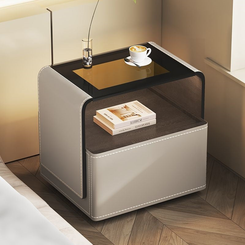 Contemporary Creative Solid Wood Multilayer Board Saddle Leather Tempered Glass Rounded Square Nightstand 1 Drawer For Bedroom