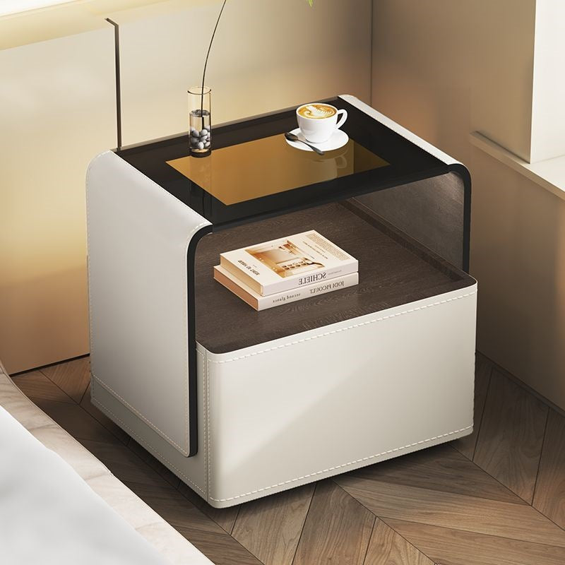 Contemporary Creative Solid Wood Multilayer Board Saddle Leather Tempered Glass Rounded Square Nightstand 1 Drawer For Bedroom
