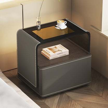Contemporary Creative Solid Wood Multilayer Board Saddle Leather Tempered Glass Rounded Square Nightstand 1 Drawer For Bedroom