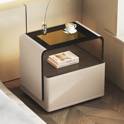 Contemporary Creative Solid Wood Multilayer Board Saddle Leather Tempered Glass Rounded Square Nightstand 1 Drawer For Bedroom