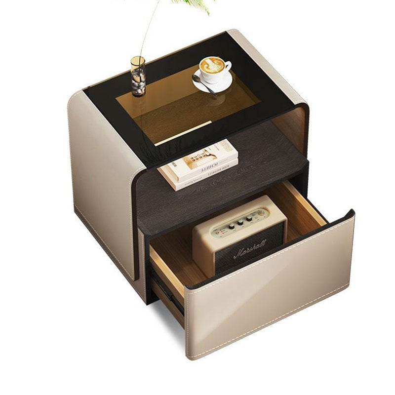 Contemporary Creative Solid Wood Multilayer Board Saddle Leather Tempered Glass Rounded Square Nightstand 1 Drawer For Bedroom
