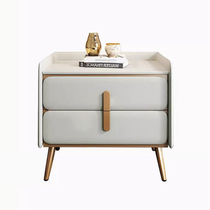 Modern Luxury Solid Wood Multilayer Board Pine Faux Nappa Leather Carbon Steel Rounded Square Nightstand 2 Drawers For Bedroom