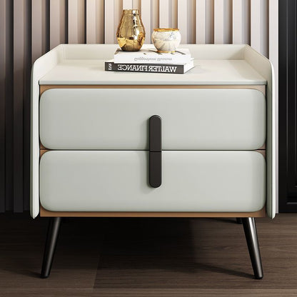 Modern Luxury Solid Wood Multilayer Board Pine Faux Nappa Leather Carbon Steel Rounded Square Nightstand 2 Drawers For Bedroom