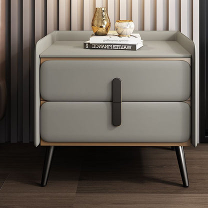 Modern Luxury Solid Wood Multilayer Board Pine Faux Nappa Leather Carbon Steel Rounded Square Nightstand 2 Drawers For Bedroom