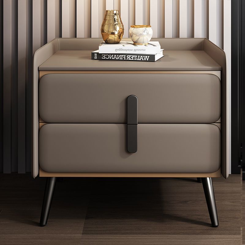 Modern Luxury Solid Wood Multilayer Board Pine Faux Nappa Leather Carbon Steel Rounded Square Nightstand 2 Drawers For Bedroom