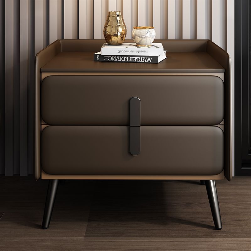 Modern Luxury Solid Wood Multilayer Board Pine Faux Nappa Leather Carbon Steel Rounded Square Nightstand 2 Drawers For Bedroom