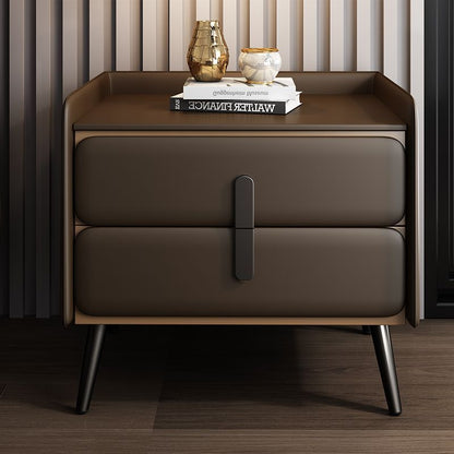 Modern Luxury Solid Wood Multilayer Board Pine Faux Nappa Leather Carbon Steel Rounded Square Nightstand 2 Drawers For Bedroom
