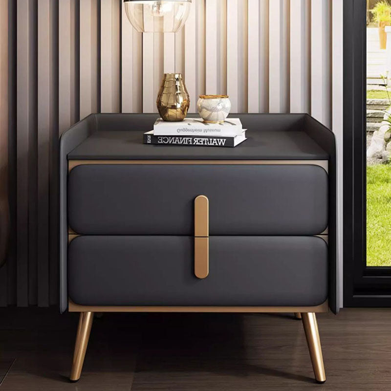 Modern Luxury Solid Wood Multilayer Board Pine Faux Nappa Leather Carbon Steel Rounded Square Nightstand 2 Drawers For Bedroom