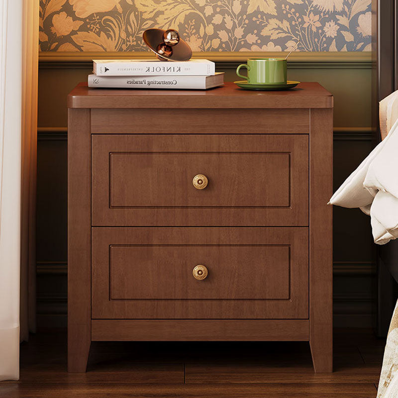 Traditional Vintage Rubberwood Solid Wood Multilayer Board Square Nightstand 2 Drawers For Bedroom