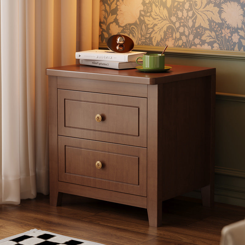Traditional Vintage Rubberwood Solid Wood Multilayer Board Square Nightstand 2 Drawers For Bedroom