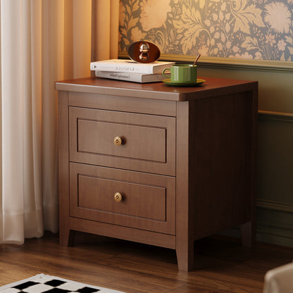 Traditional Vintage Rubberwood Solid Wood Multilayer Board Square Nightstand 2 Drawers For Bedroom