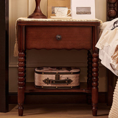 Traditional French Solid Wood Metal Roman Column Square Nightstand 1 Drawer For Bedroom