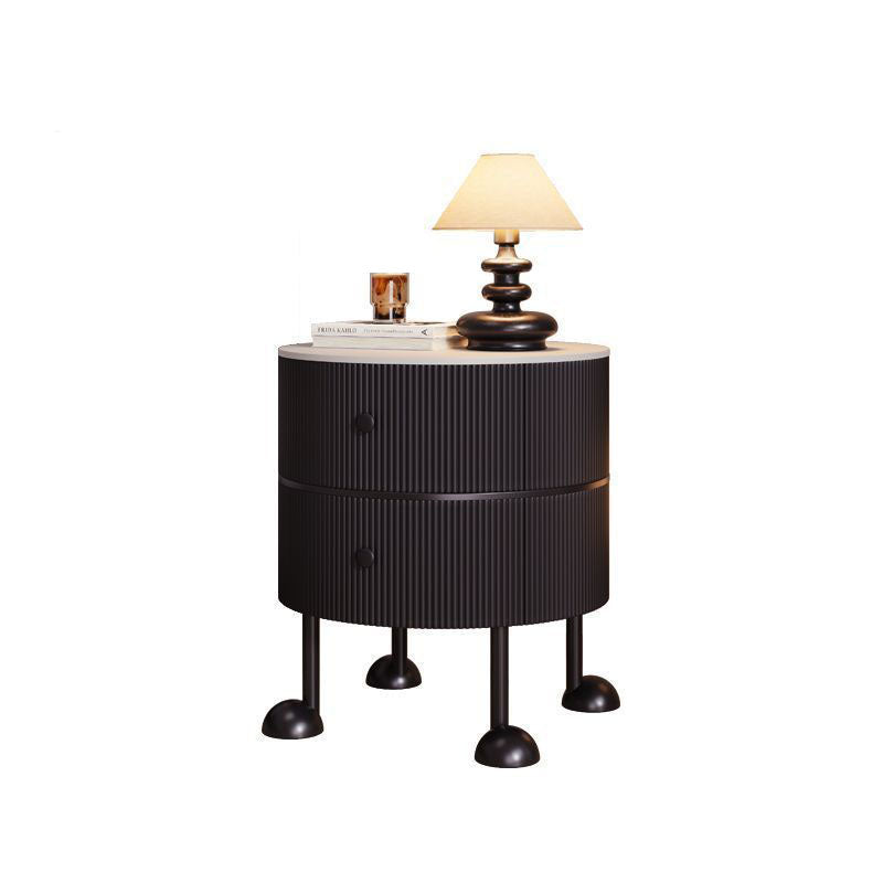Traditional French Sintered Stone PP Iron Solid Wood Round Cartoon-Leg Nightstand 2 Drawers For Bedroom