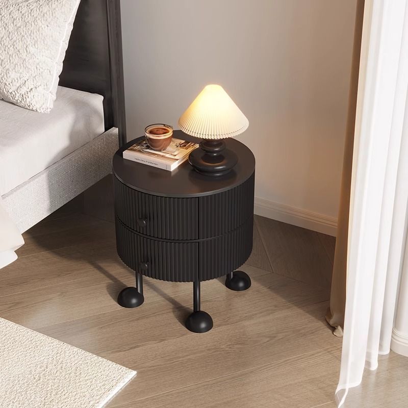 Traditional French Sintered Stone PP Iron Solid Wood Round Cartoon-Leg Nightstand 2 Drawers For Bedroom