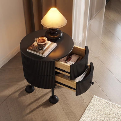 Traditional French Sintered Stone PP Iron Solid Wood Round Cartoon-Leg Nightstand 2 Drawers For Bedroom