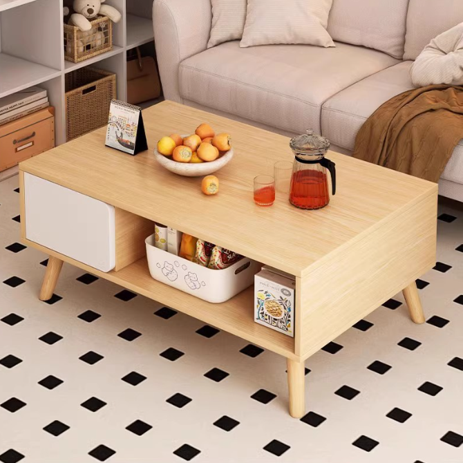 Traditional Japanese Medium Density Fiberboard Rectangular Coffee Table 2-Tier For Living Room