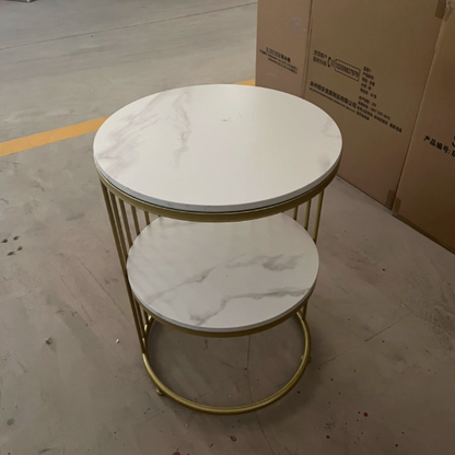 Contemporary Scandinavian Sintered Stone Metal Round Openwork Coffee Table 2-Tier For Living Room