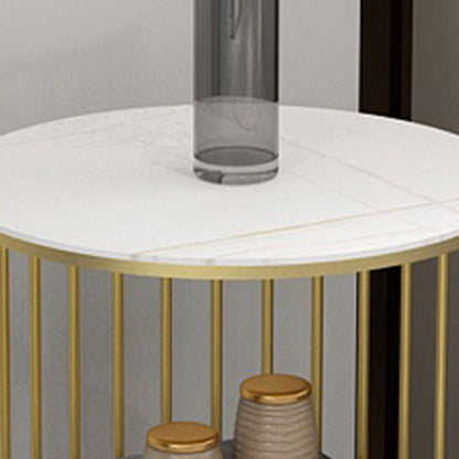Contemporary Scandinavian Sintered Stone Metal Round Openwork Coffee Table 2-Tier For Living Room
