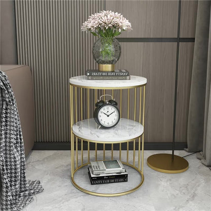 Contemporary Scandinavian Sintered Stone Metal Round Openwork Coffee Table 2-Tier For Living Room