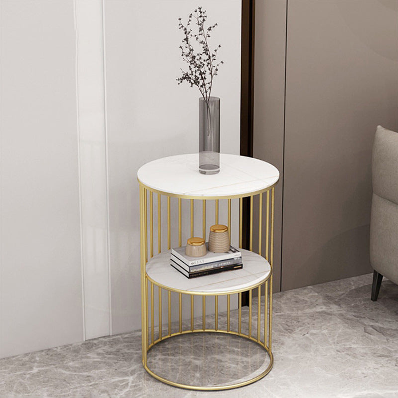 Contemporary Scandinavian Sintered Stone Metal Round Openwork Coffee Table 2-Tier For Living Room