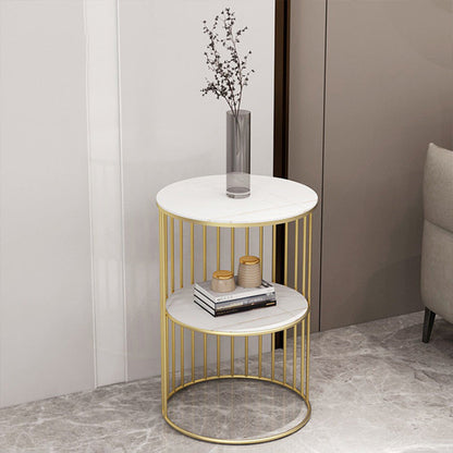 Contemporary Scandinavian Sintered Stone Metal Round Openwork Coffee Table 2-Tier For Living Room