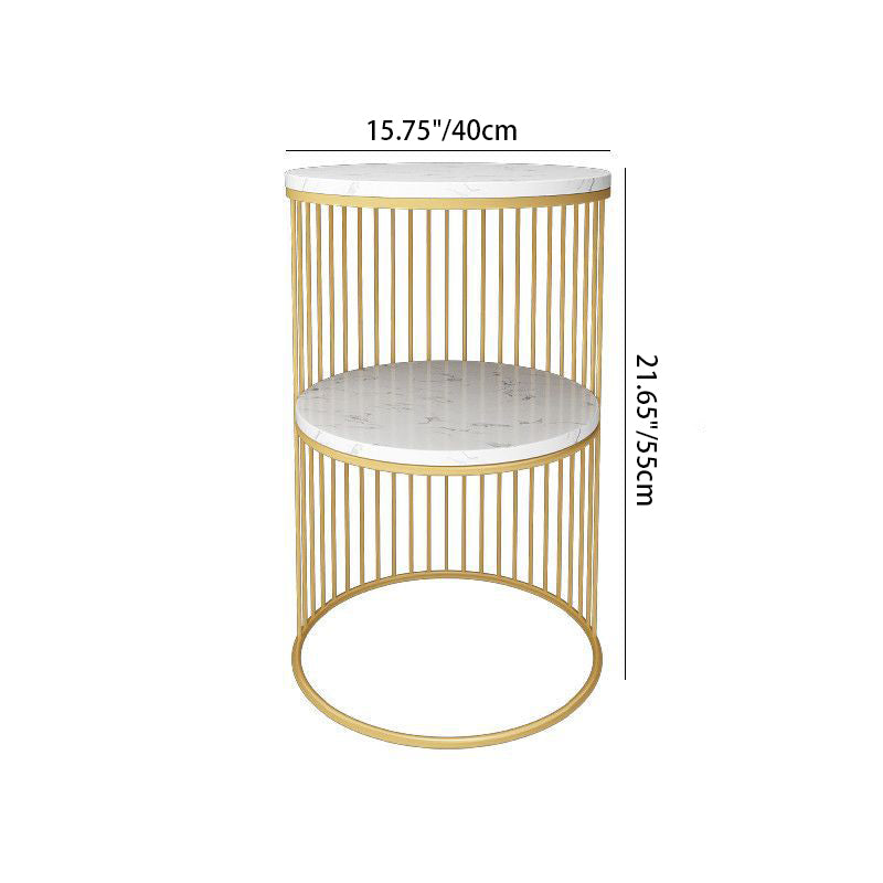 Contemporary Scandinavian Sintered Stone Metal Round Openwork Coffee Table 2-Tier For Living Room