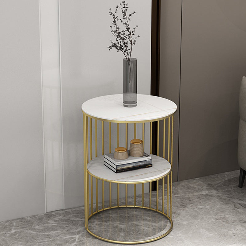 Contemporary Scandinavian Sintered Stone Metal Round Openwork Coffee Table 2-Tier For Living Room