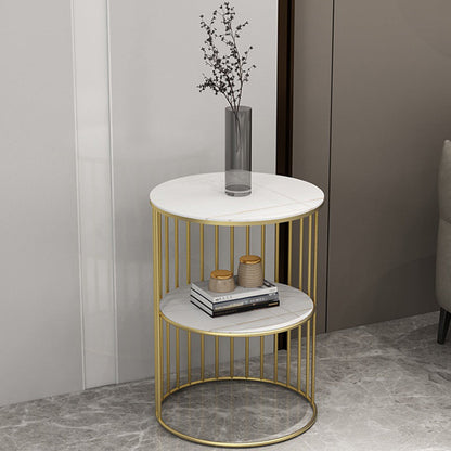 Contemporary Scandinavian Sintered Stone Metal Round Openwork Coffee Table 2-Tier For Living Room