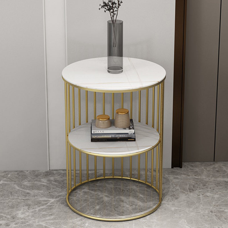 Contemporary Scandinavian Sintered Stone Metal Round Openwork Coffee Table 2-Tier For Living Room
