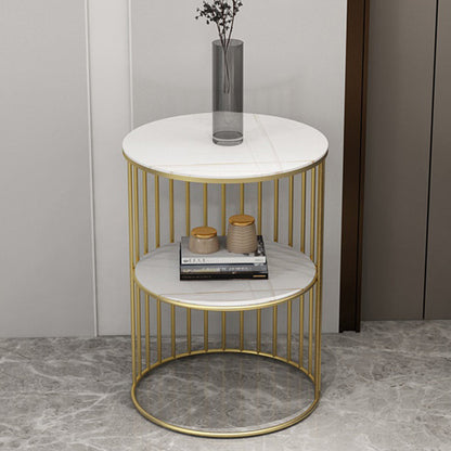Contemporary Scandinavian Sintered Stone Metal Round Openwork Coffee Table 2-Tier For Living Room