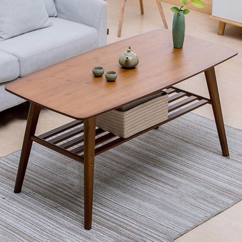 Traditional Japanese Bamboo Rounded Rectangular Hollow Coffee Table 2 Tier For Living Room