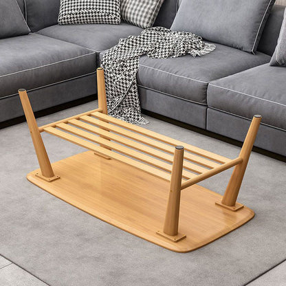Traditional Japanese Bamboo Rounded Rectangular Hollow Coffee Table 2 Tier For Living Room