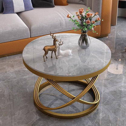 Contemporary Scandinavian Sintered Stone Metal Round Curved Lines Coffee Table 1 Tier For Living Room