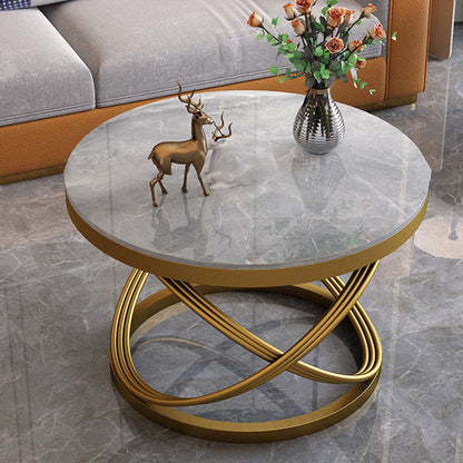 Contemporary Scandinavian Sintered Stone Metal Round Curved Lines Coffee Table 1 Tier For Living Room