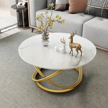 Contemporary Scandinavian Sintered Stone Metal Round Curved Lines Coffee Table 1 Tier For Living Room