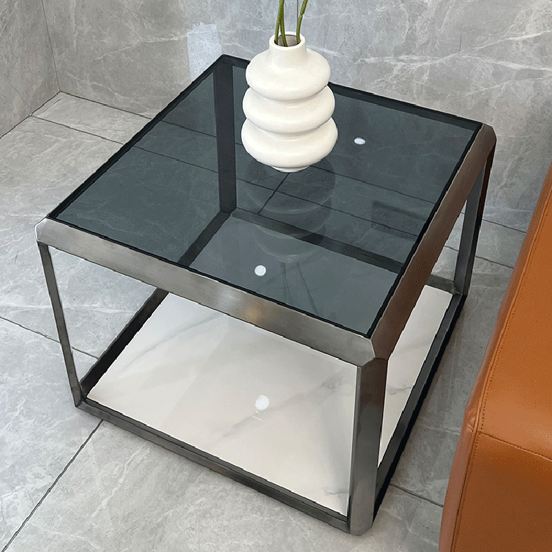 Contemporary Scandinavian Sintered Stone Glass Stainless Steel Square Coffee Table 2-Tier For Living Room