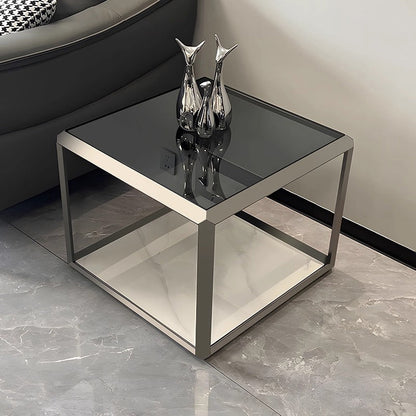 Contemporary Scandinavian Sintered Stone Glass Stainless Steel Square Coffee Table 2-Tier For Living Room
