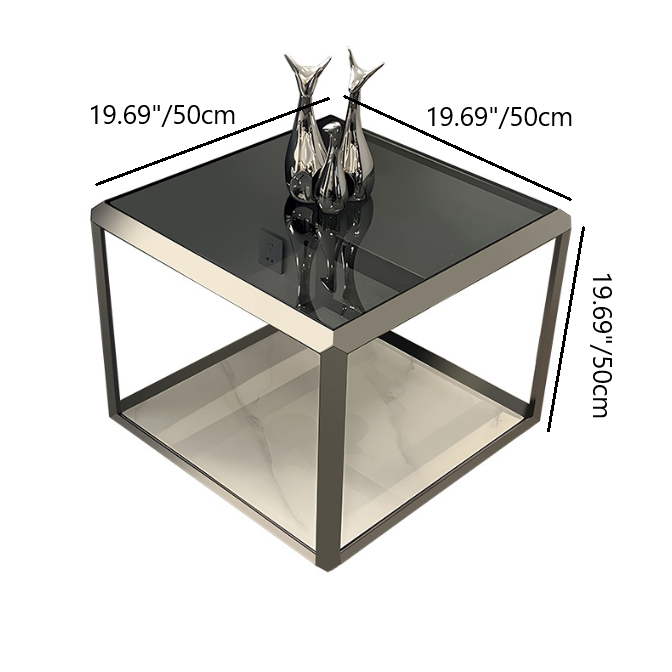 Contemporary Scandinavian Sintered Stone Glass Stainless Steel Square Coffee Table 2-Tier For Living Room