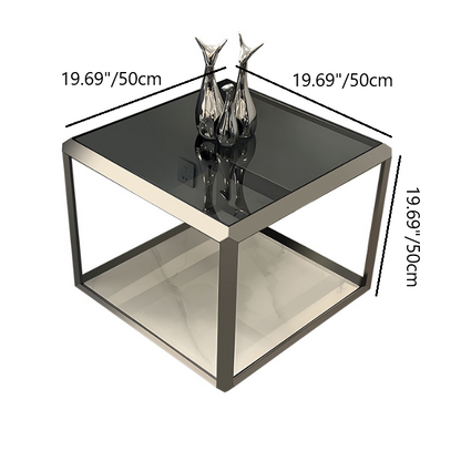 Contemporary Scandinavian Sintered Stone Glass Stainless Steel Square Coffee Table 2-Tier For Living Room